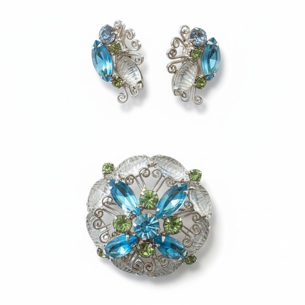 Vtg Juliana D&E  Blue Green Rhinestone Brooch pin 8874 Clip Earrings free ship